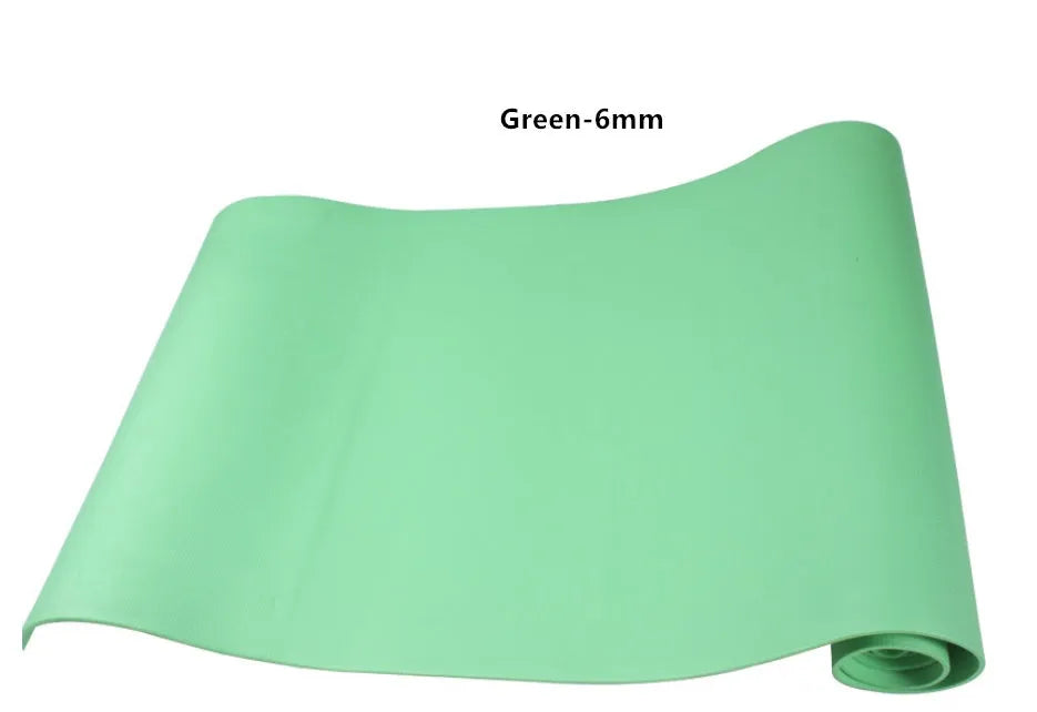 Red and blue EVA yoga mats showing 4mm and 6mm thickness options rolled up with storage bag.