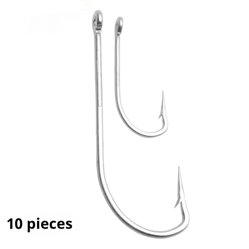 Pack of stainless steel alloy sea fishing hooks for ocean boat fishing, showing multiple hook styles.