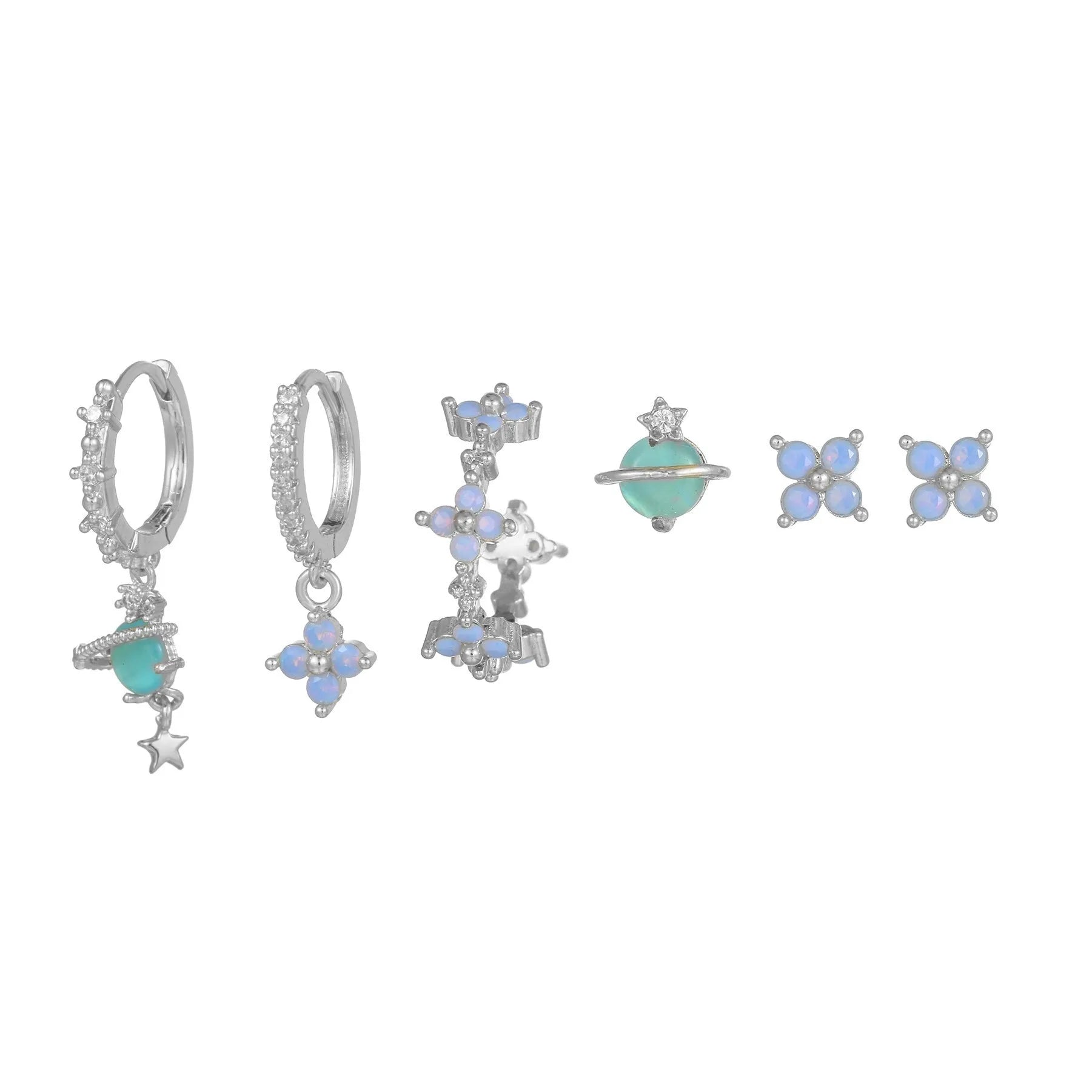 Gold and silver floral ear studs with zircon mosaic details in Japanese Korean style.