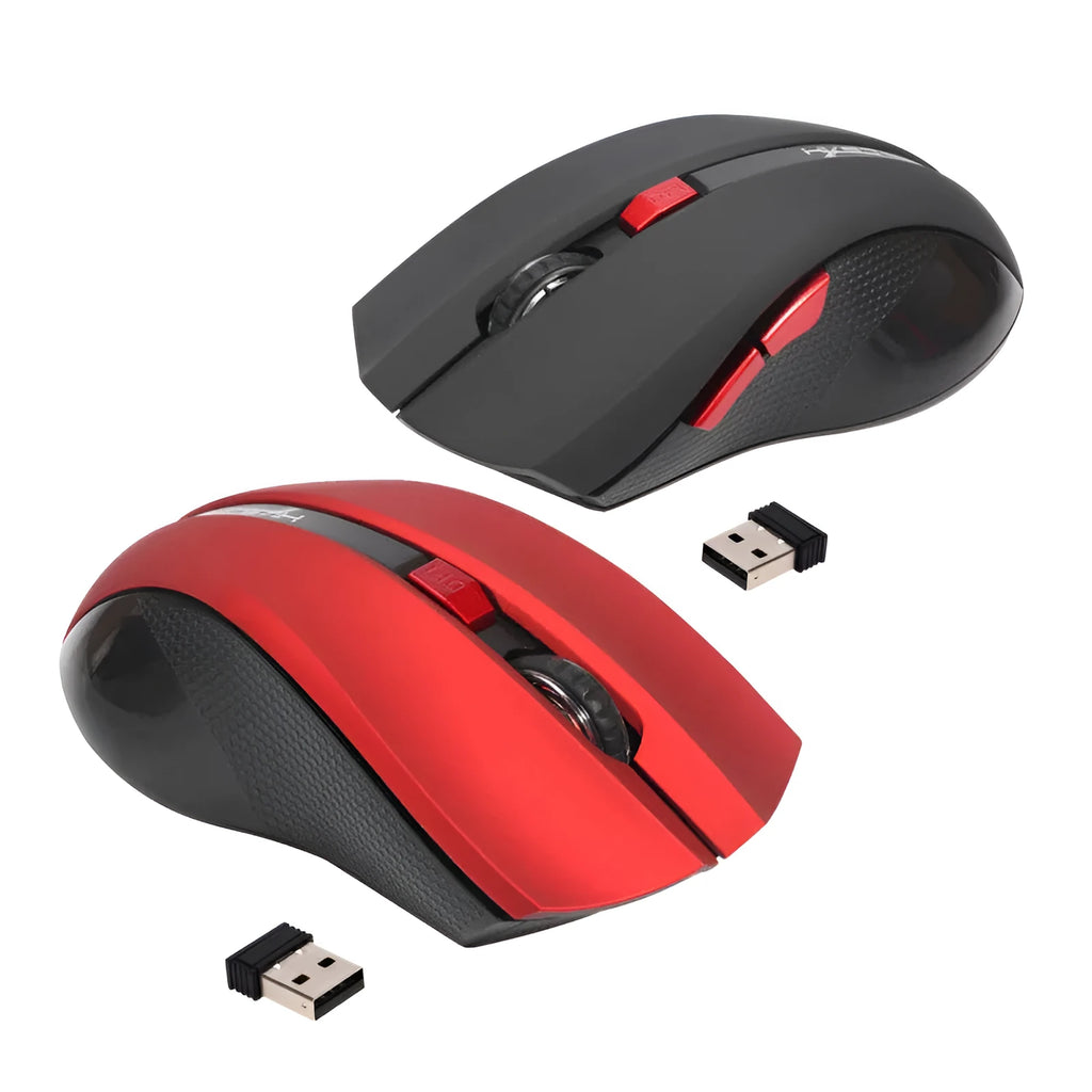 2.4G wireless optical ergonomic mouse in black with four-way scroll wheel and red LED sensor