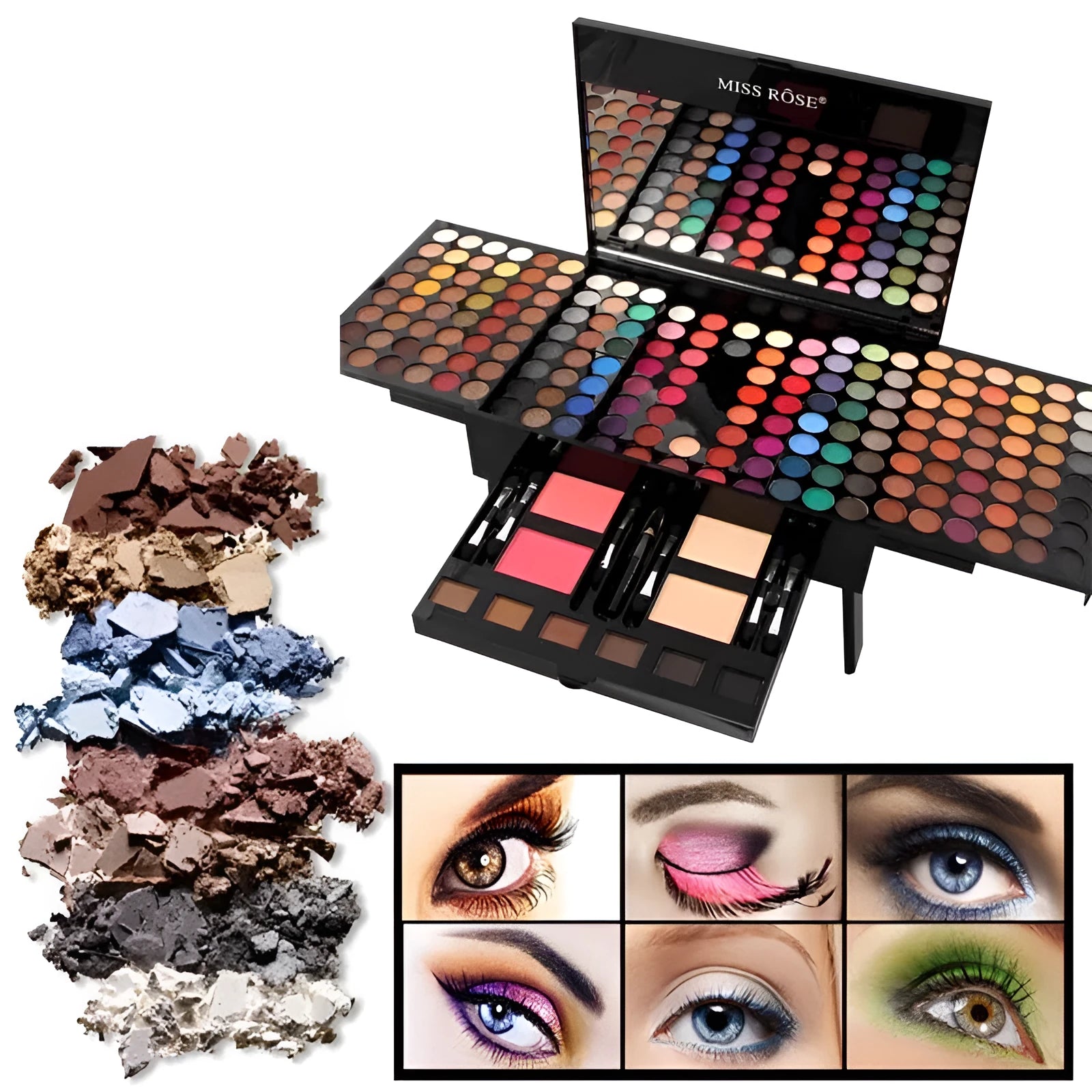 Piano keyboard-shaped makeup palette open to show 180 eyeshadows, blushers, and contour powders.