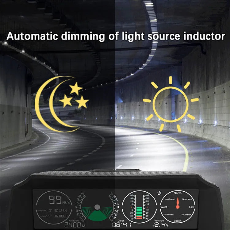 GPS GO 2 black car head-up display unit showing speed, angles, and compass on a colour LCD screen.