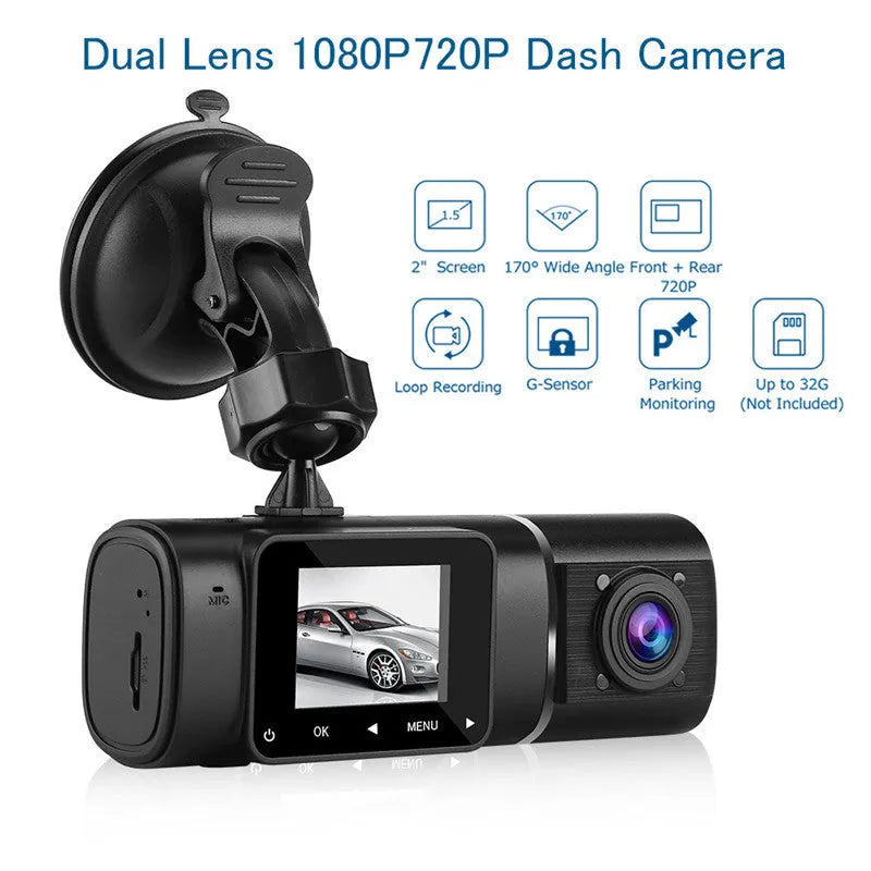 HD conjoined dual-lens car driving recorder in black with 170° wide angle and 12MP resolution on windscreen