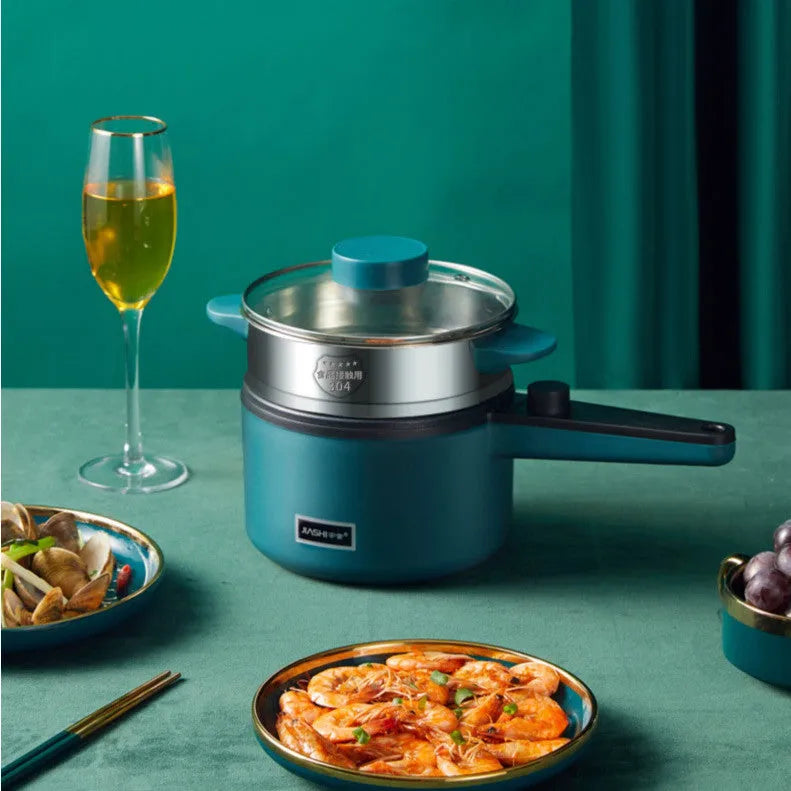 Mini kitchen electric pot 1.2L non-stick with steamer and anti-scalding handle in Nordic green
