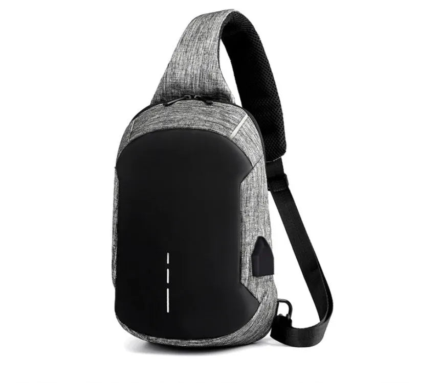 Dark blue Oxford cloth chest bag with a zipper and adjustable strap, shown from the front.