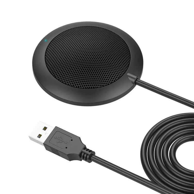 Black USB desktop conference microphone with metal mesh grill and 70mm diameter.