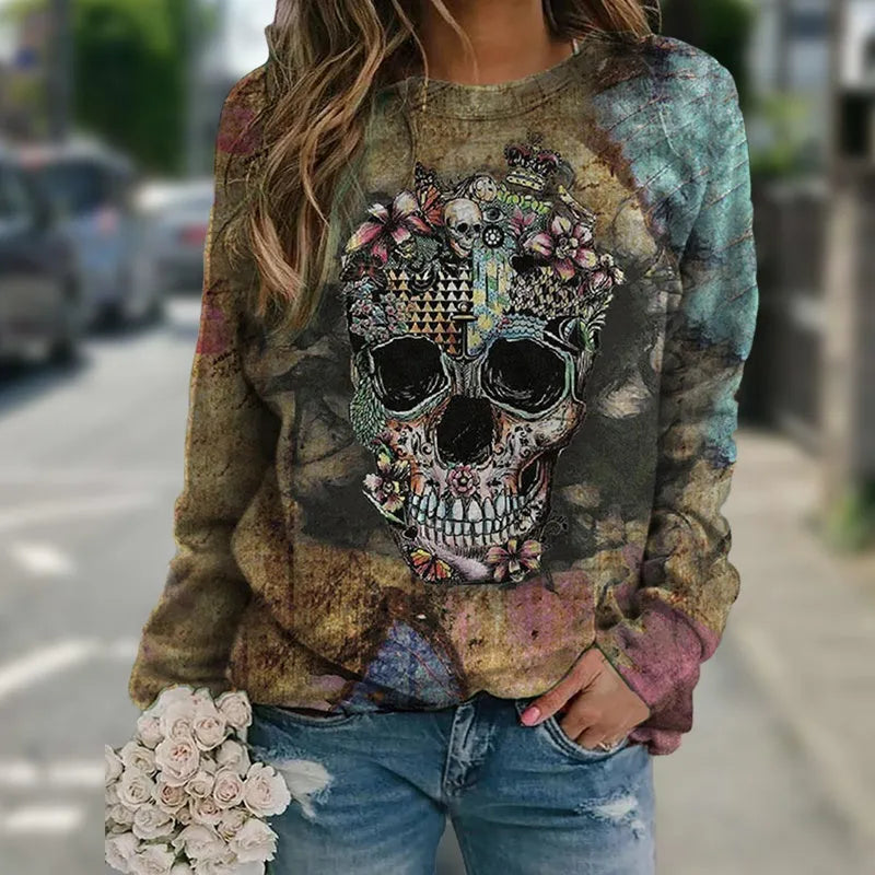 Black long sleeve sweatshirt with skull print design on polyester knit fabric