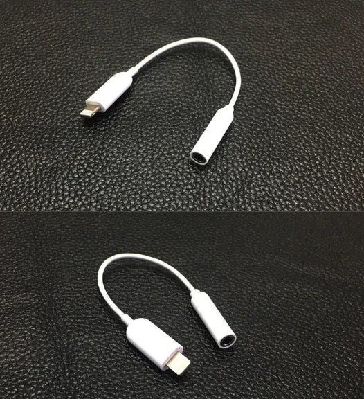 White Lightning to 3.5mm headphone adapter cable for iPhone showing 12cm TPU rubber cable with connectors
