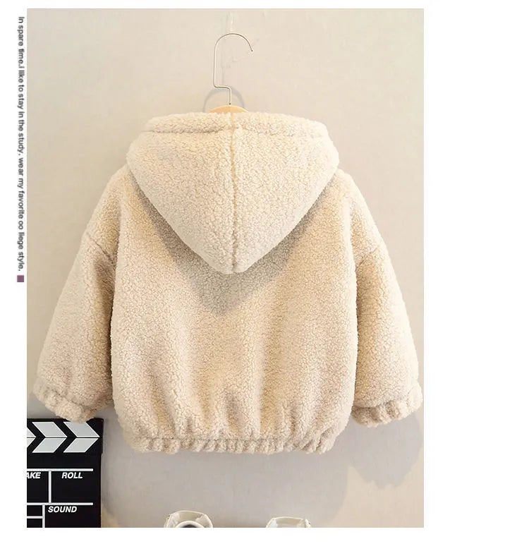 Children's hooded fleece jacket with cartoon design in beige, green, or orange colours