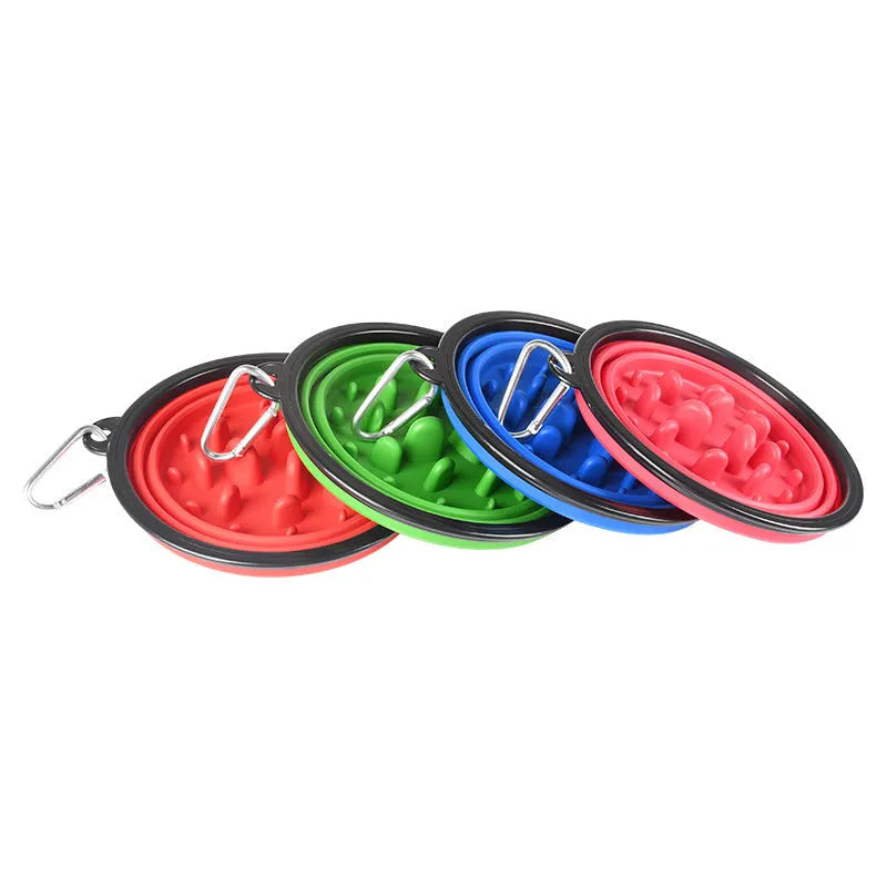 Foldable pet slow food bowl in blue with collar buckle on outdoor grass