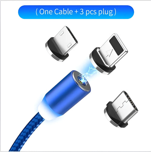 1 metre magnetic LED charging cable with cotton woven cord and three-in-one connector in aluminium shell