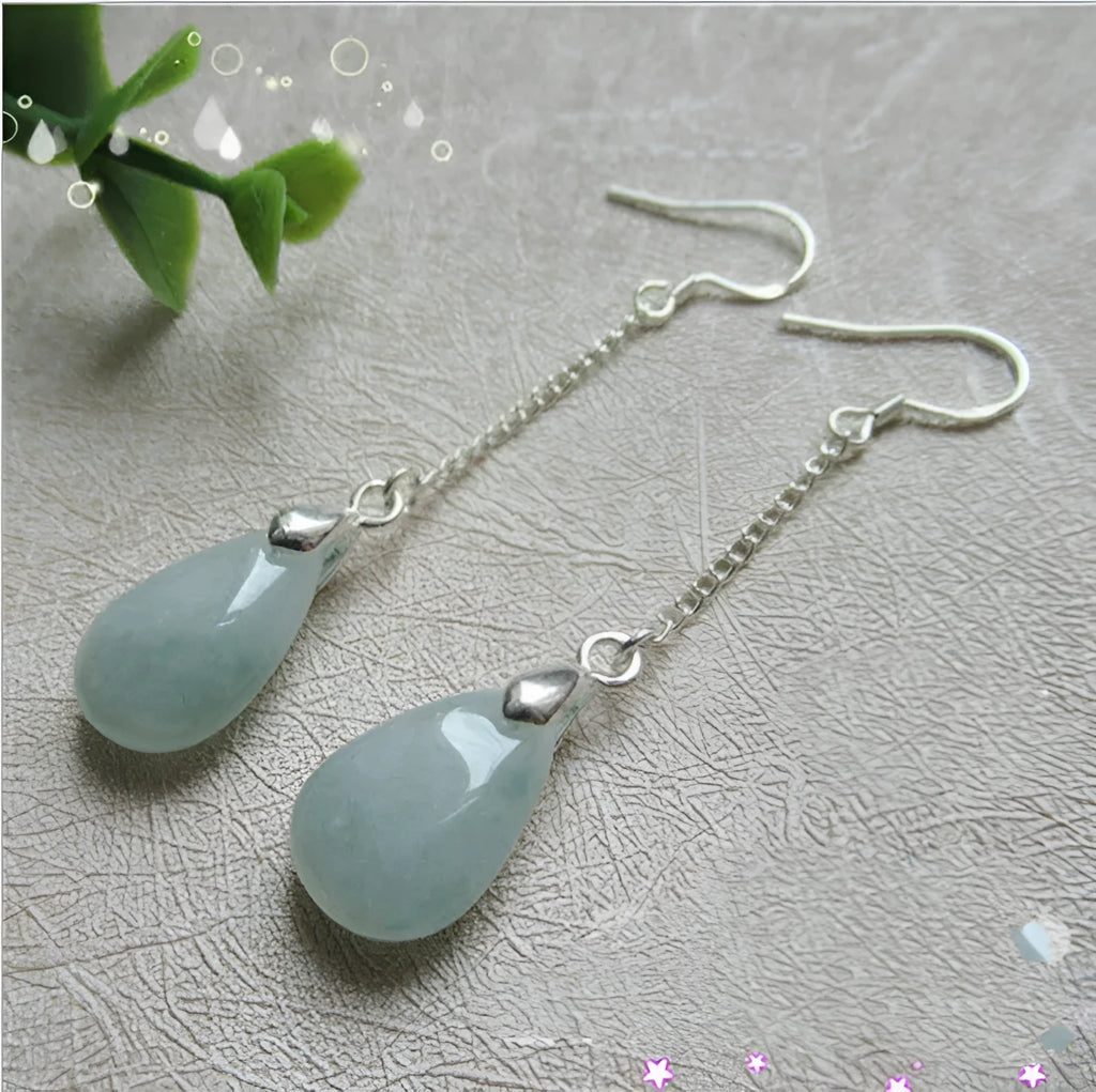 Natural Burmese jade drop earrings for women, green gemstone, 17x10mm dangle earrings