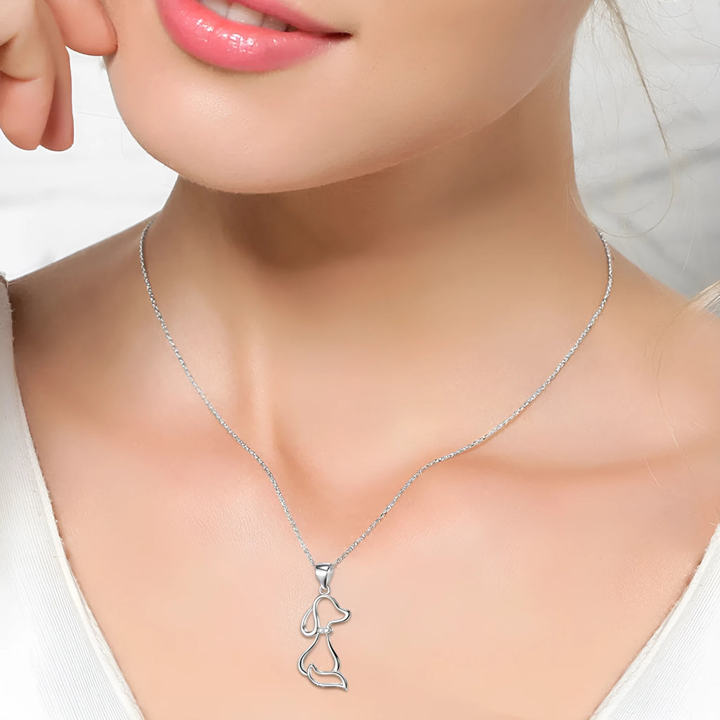 Ladies 925 sterling silver dog pendant necklace with adjustable round bead chain on neutral background