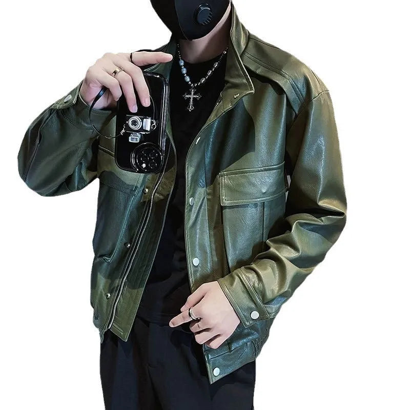 Korean-style men's black PU leather jacket with straight hem and side pockets