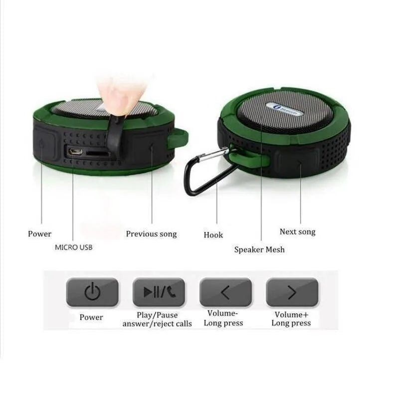 Waterproof portable Bluetooth speaker in black with dual 3W drivers, 500mAh battery, compact 98x88x45mm design