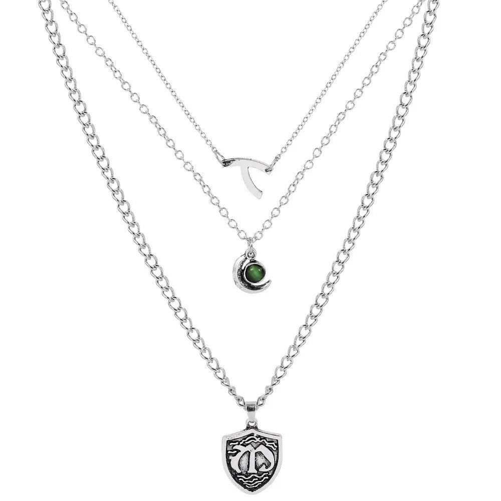 Silver electroplated alloy multilayer short necklace with Seven Deadly Sins pendant and water wave chain