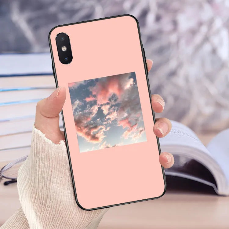 Pink painted iPhone case with roll brush texture, lattice patterns, letters, and broken flower designs.