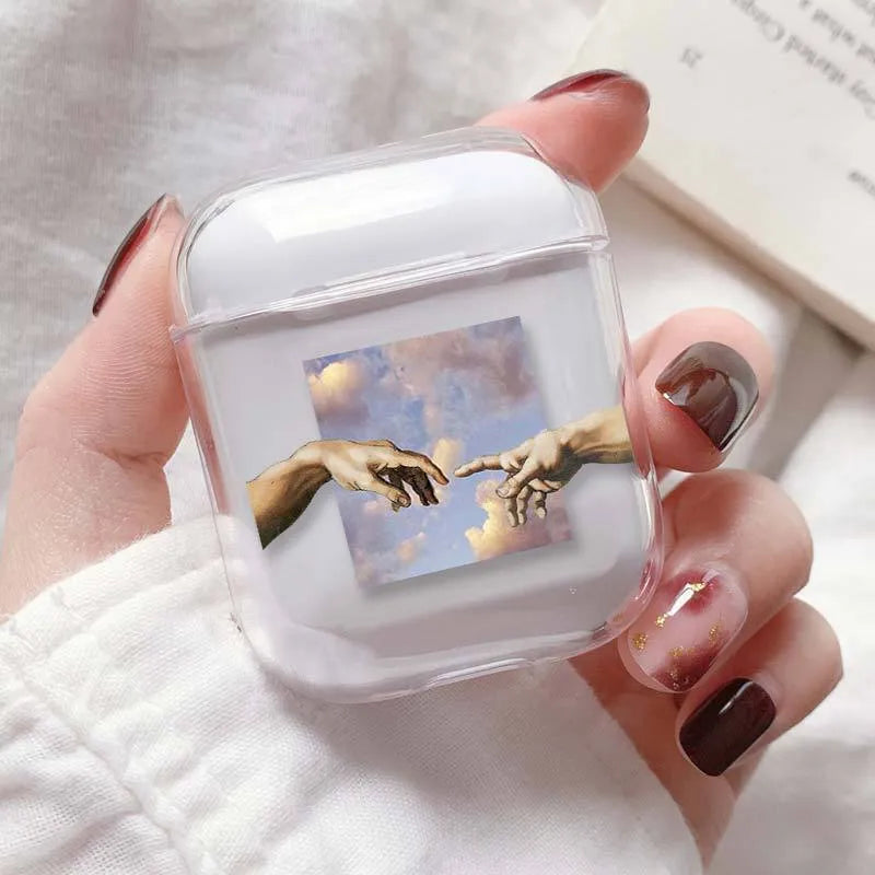 Transparent plastic AirPods protective cover showing compatibility with Apple AirPods and AirPods Pro cases