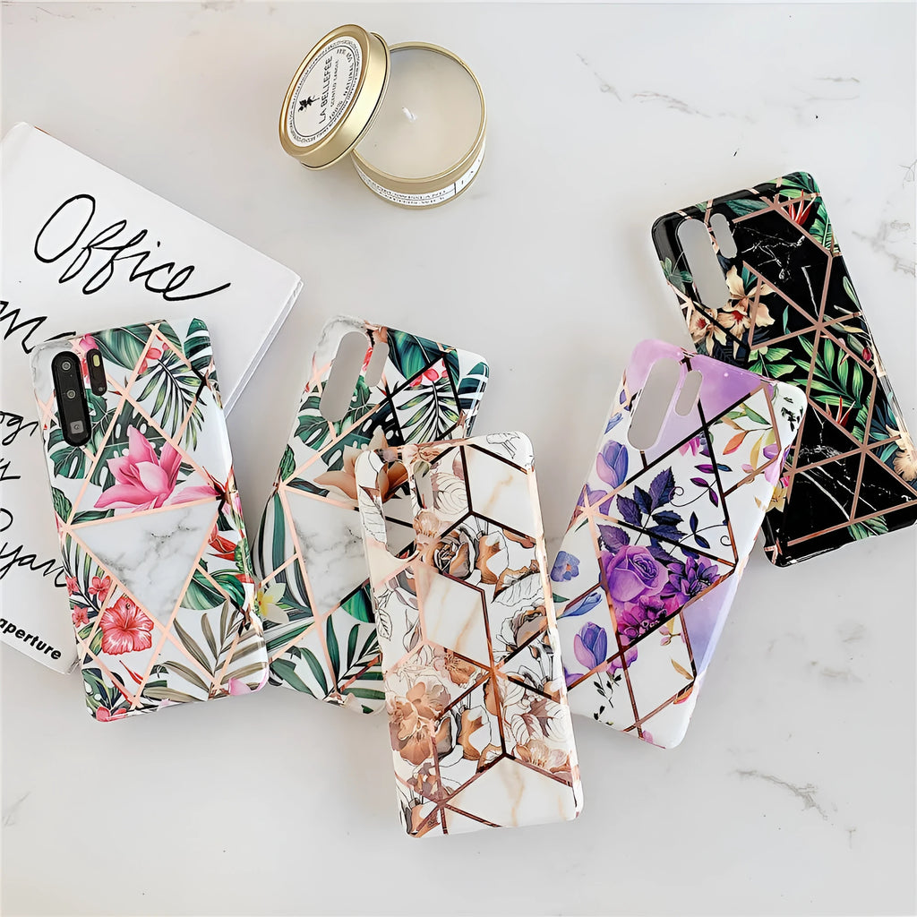 Huawei phone back cover with white floral lattice pattern on a dark background