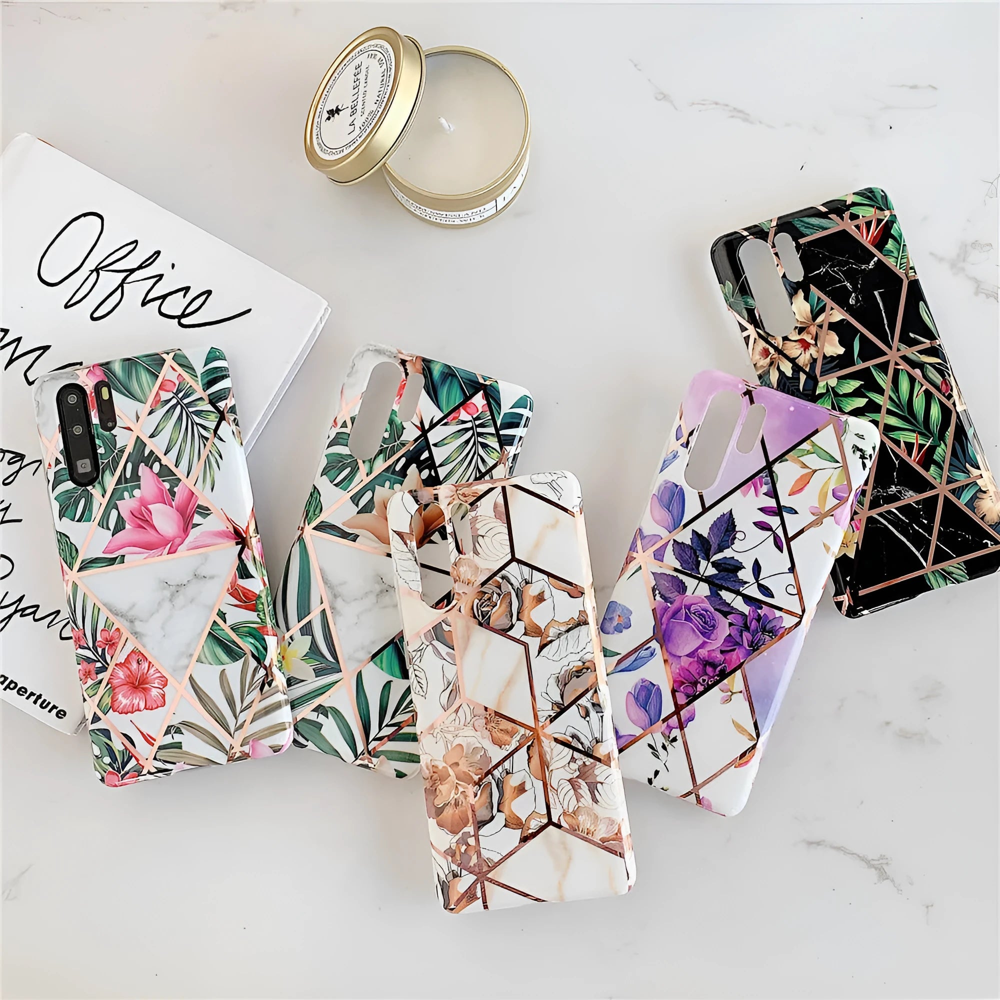 Huawei phone back cover with white floral lattice pattern on a dark background
