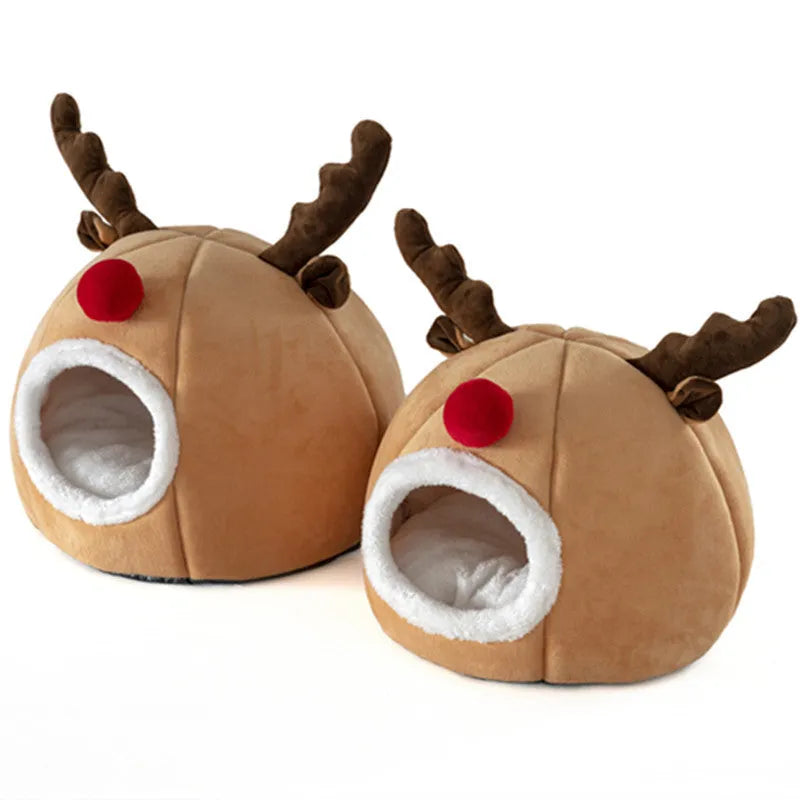Camel coloured pet tent Christmas reindeer kennel with super soft short plush outer and Arctic fleece lining