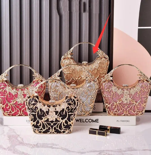 Hollow out shiny party clutch bag in hard PU, bucket shape, available in silver, black, purplish red, pink, gold