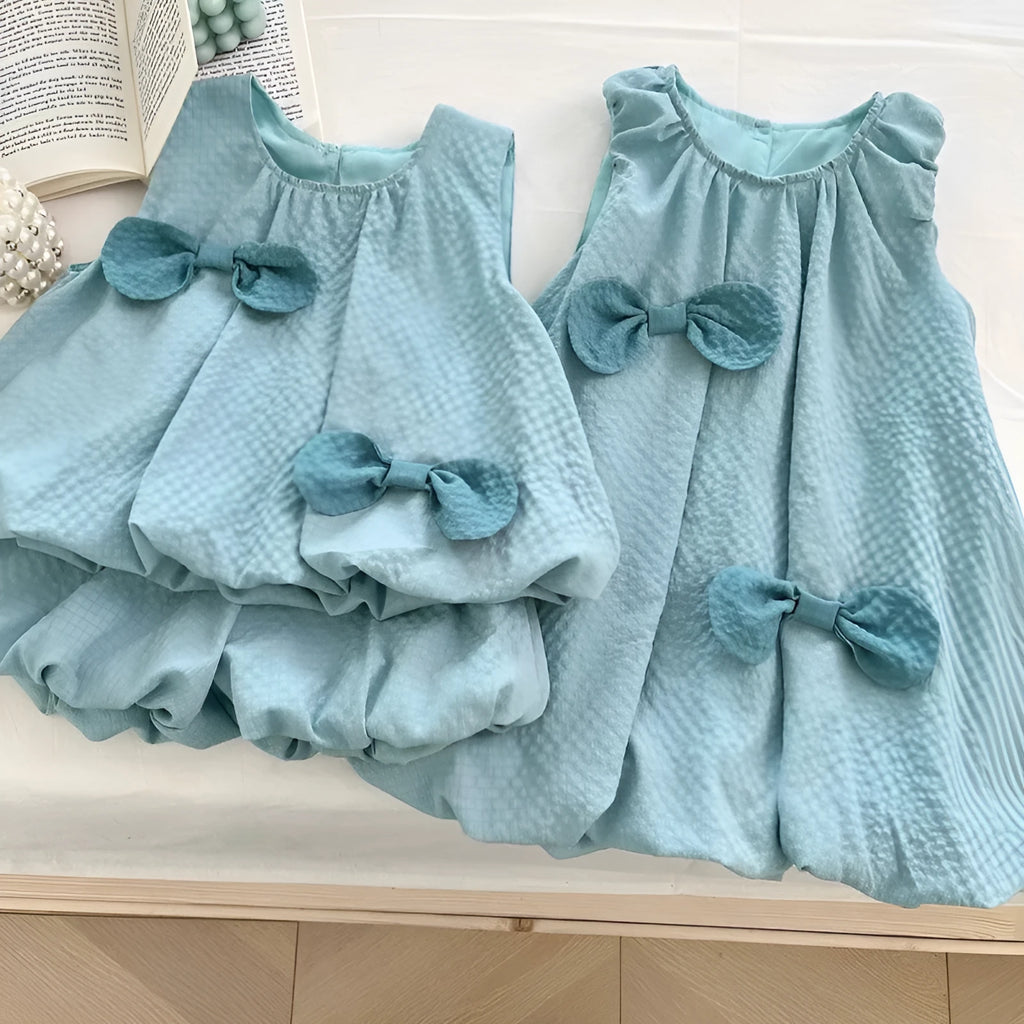 Girls' blue green bowknot sleeveless vest and shorts two-piece suit, summer outfit, size 100cm
