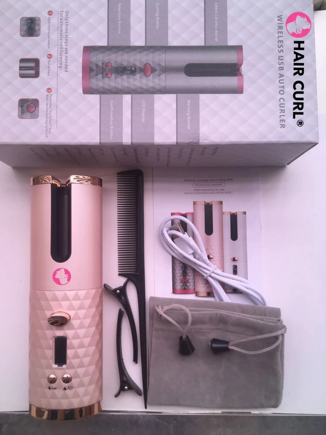 Automatic wireless curling iron with rechargeable battery in black colour