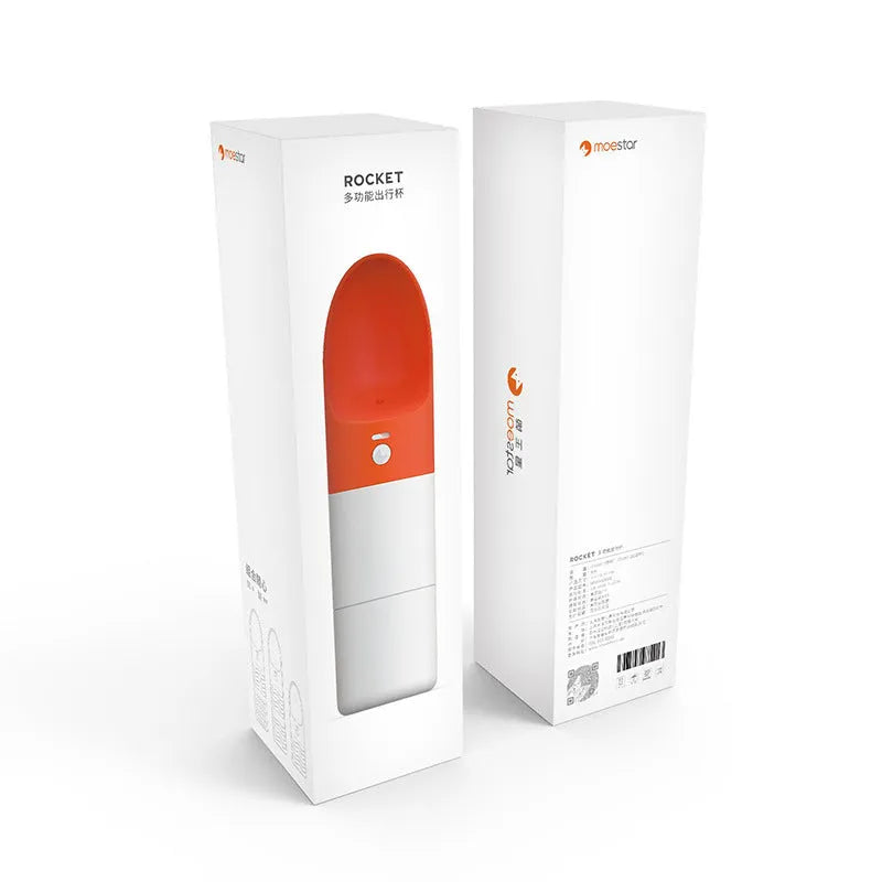 White and grey Moestar Rocket portable pet drinking cup with a one-button lock.