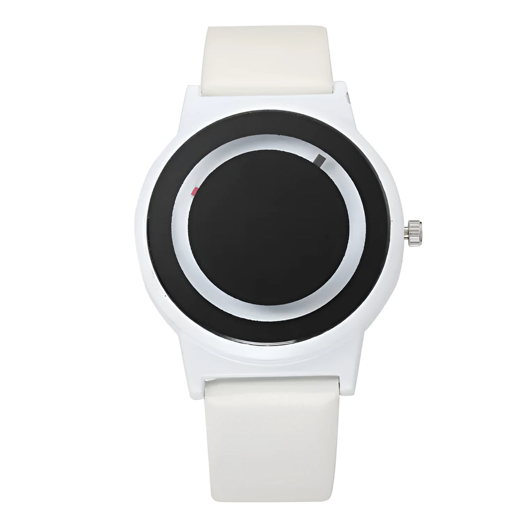 Neutral casual quartz watch with round 38mm dial, black strap, and alloy case on a plain background