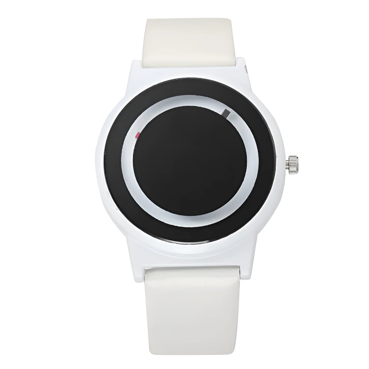 Neutral casual quartz watch with round 38mm dial, black strap, and alloy case on a plain background