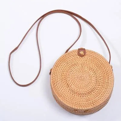 Handmade round bohemian straw crossbody bag with leather strap for summer
