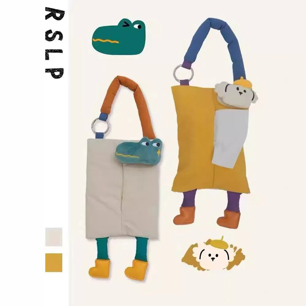 Hanging plush car tissue bag measuring 25cm by 19cm in baby crocodile or hat dog design