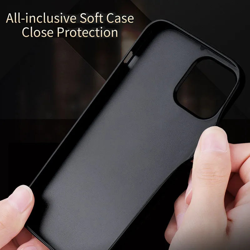 Black retro-style PU leather business phone case for iPhone 12 with visible TPU frame and lanyard holes