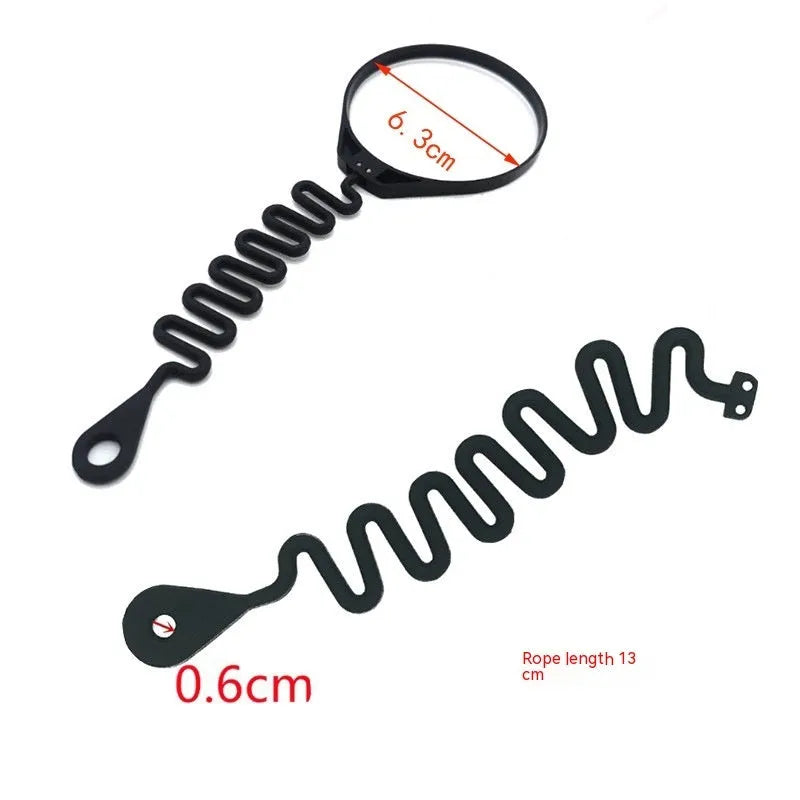 Black rubber Volvo fuel cap tether showing both circle band and separate rope attachment options