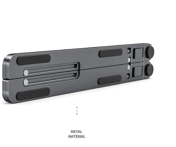 Silver foldable aluminium laptop stand holding a MacBook at an adjusted angle