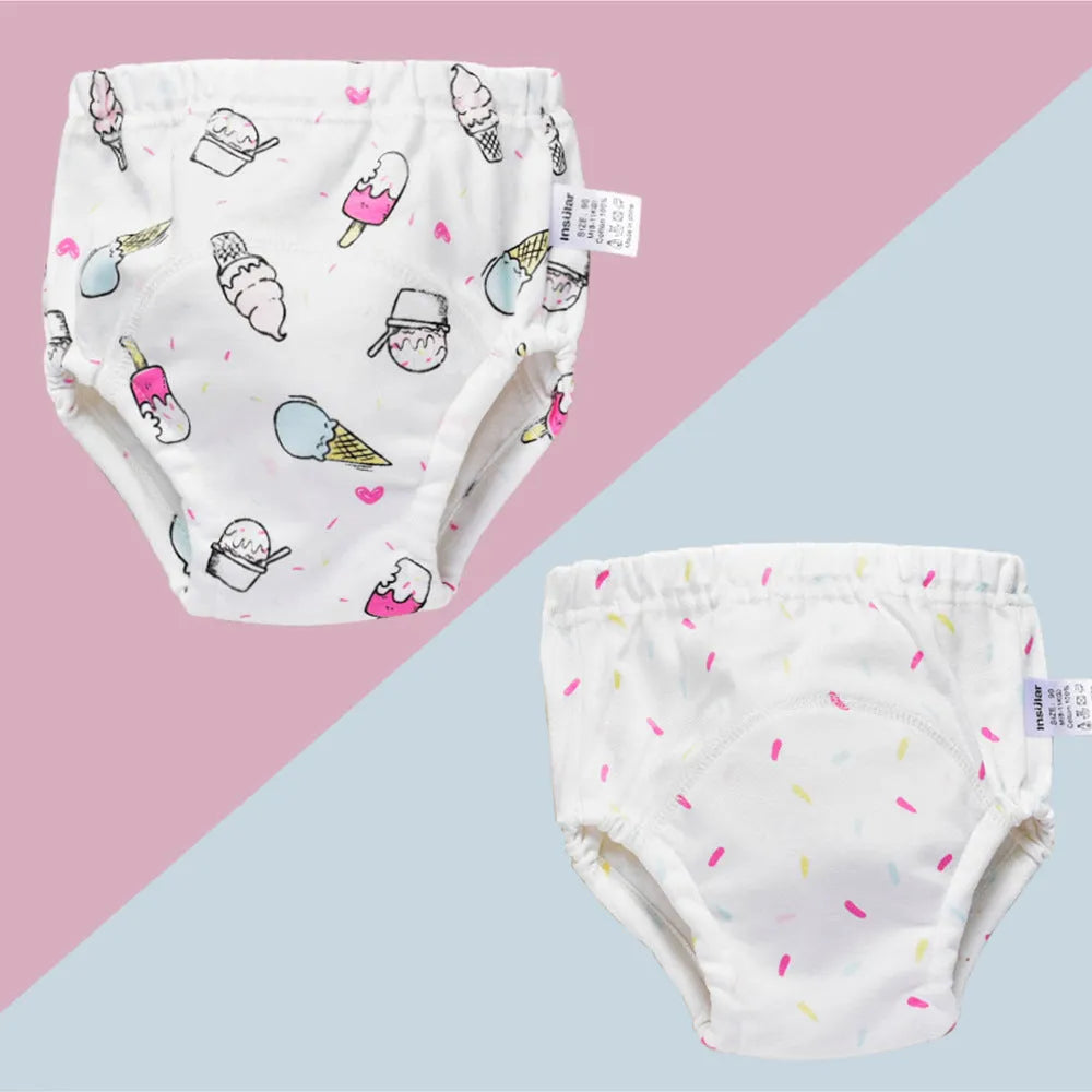Baby training learning pants in cotton gauze with TPU waterproof layer, shown in panda print on white background