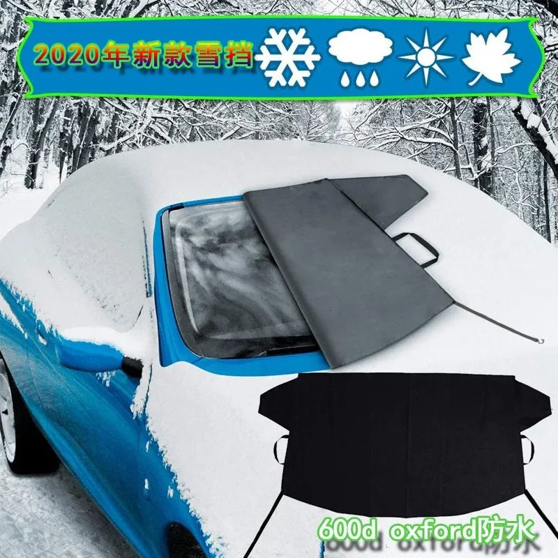 Black rubber Oxford cloth windshield ice and snow gown draped over car windscreen in winter