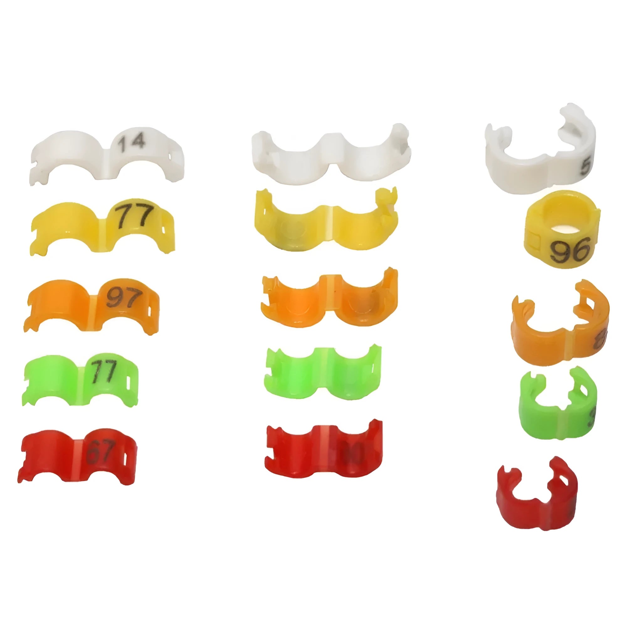 Plastic bird foot split rings in six colours with multiple sizes for bird identification