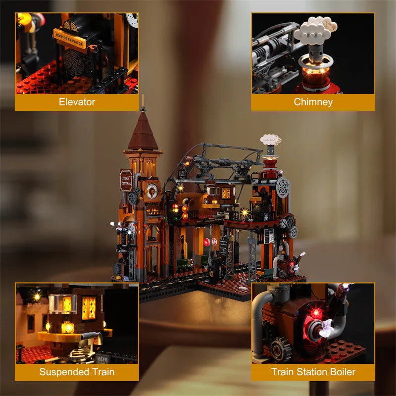 Steampunk train station model built from 1843 plastic blocks with LED lights and flash function