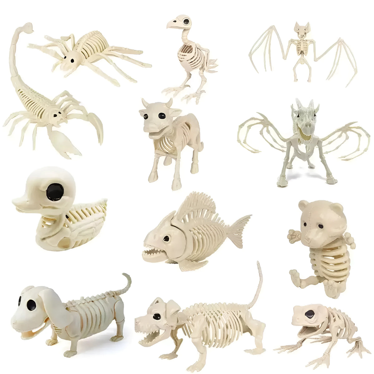 Plastic Halloween animal skeleton decorations including bat, bear, cat, and spider on a dark surface