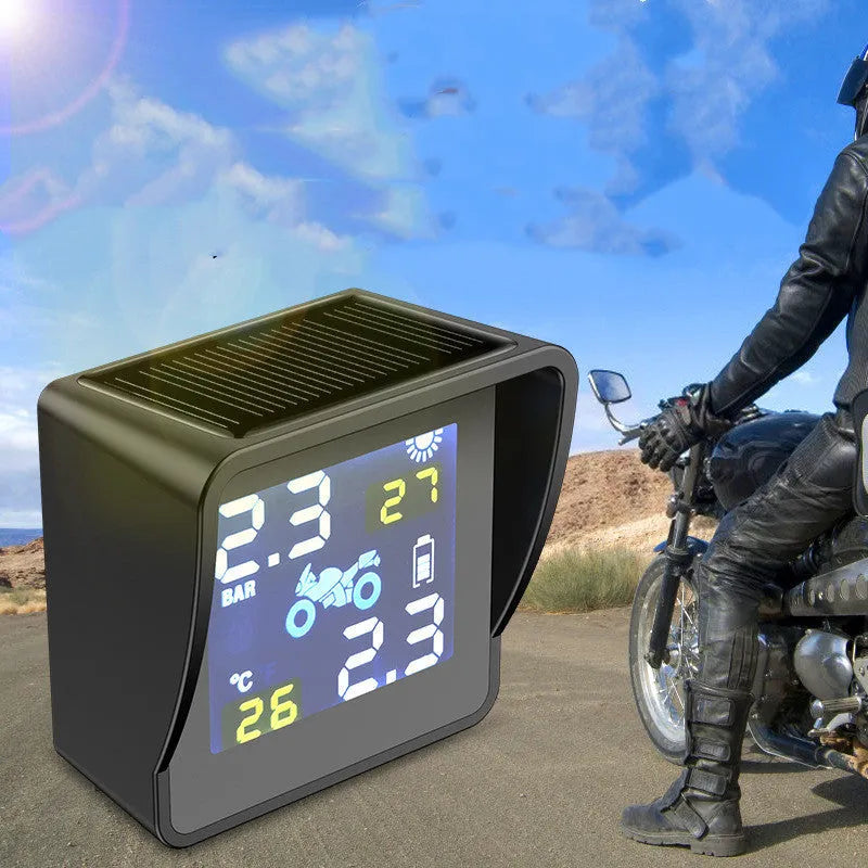 Solar digital tyre pressure monitor for motorcycles, PC material, black, with digital display