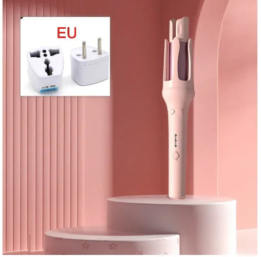 White and pink automatic hair curler with a rotating 32mm ceramic barrel and digital temperature display.