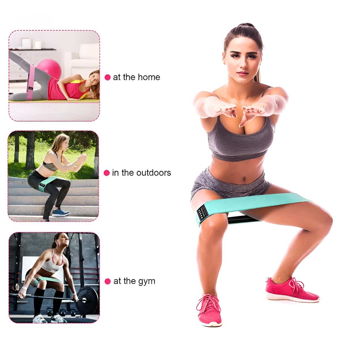 Squat resistance band hip ring in green pink or purple with latex silk and polyester webbing
