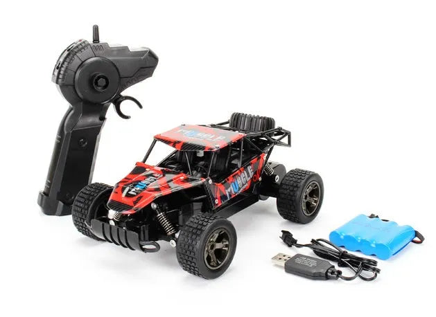 Blue 1:18 scale remote control off-road drift car with 2.4Ghz transmitter on a flat surface.