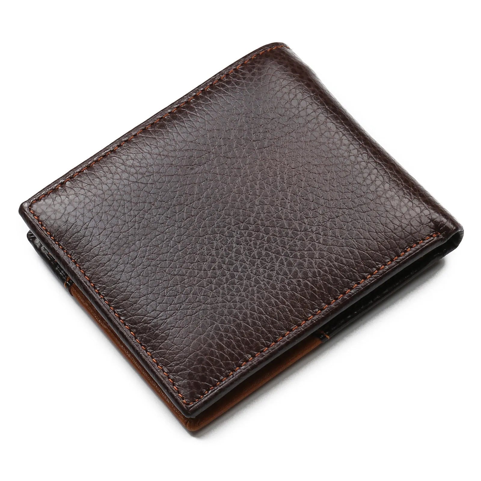 Soft brown cowhide men's wallet with contrast stitching, shown open to reveal card slots, zip compartment, and bill holder.