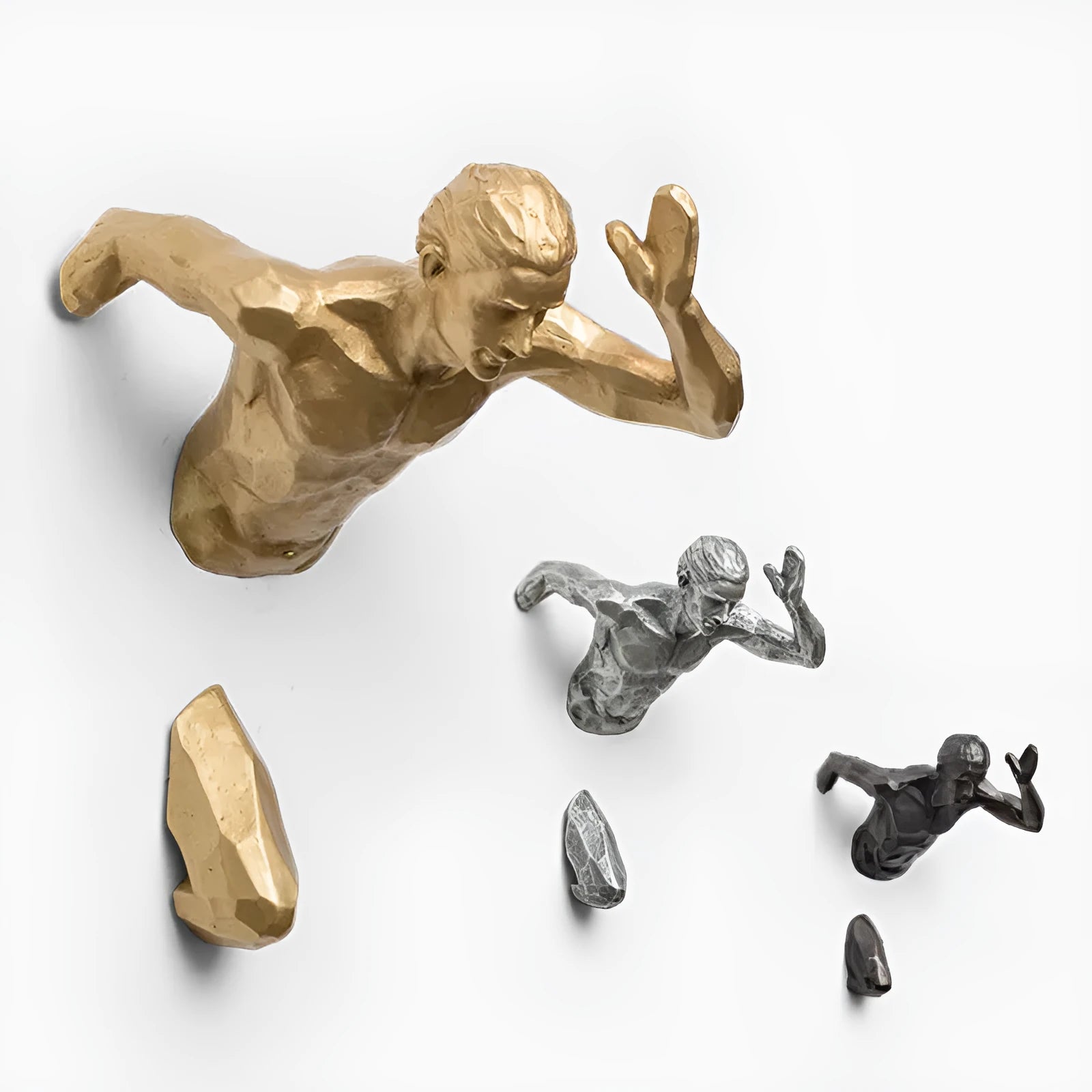 A modern, simple-style resin character sculpture for wall decoration, shown in a metallic finish.