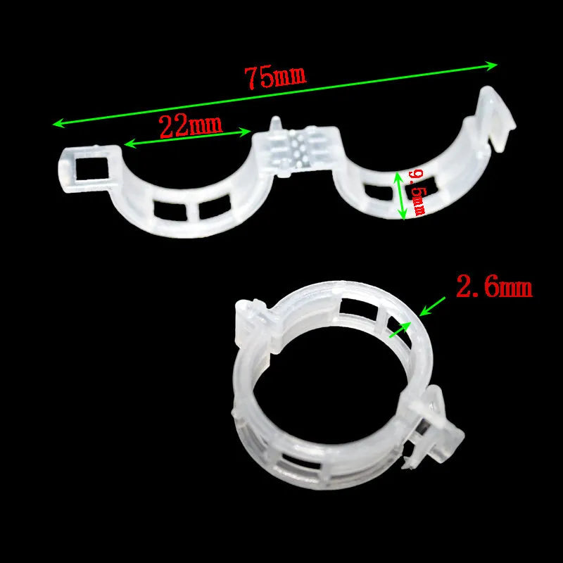 A pack of 50 green plastic garden plant grafting clips for securing tomato stems and tree twigs.