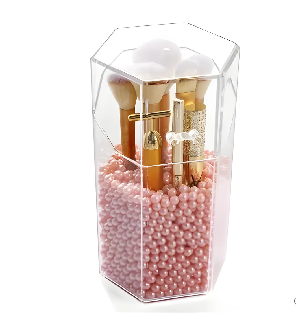 Transparent acrylic makeup brush storage bucket in white on bedroom table