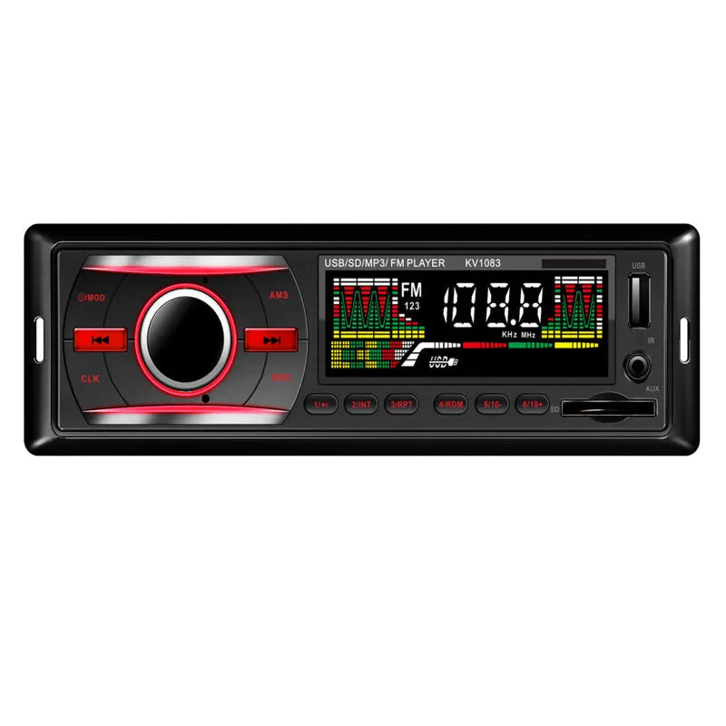 Car MP3 radio with USB and Bluetooth, metal plastic construction, 12V DC, includes remote control